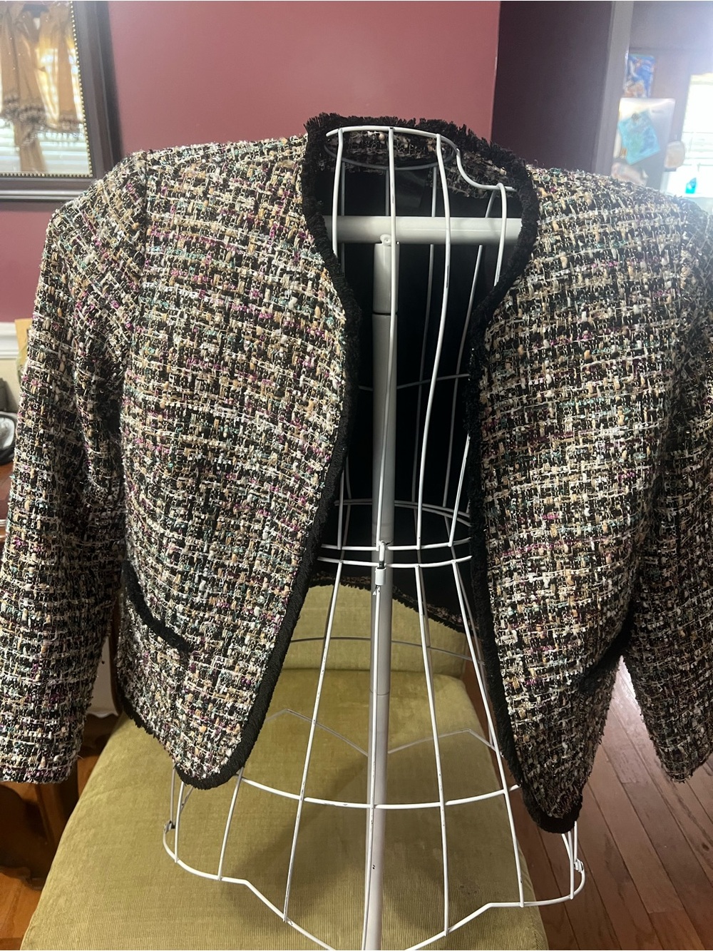 Ann Taylor Multicolor Tweed Cropped Blazer with Black Trim